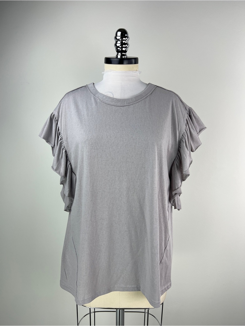 💚 3723. Ruffled Sleeve Crewneck Top - Gray